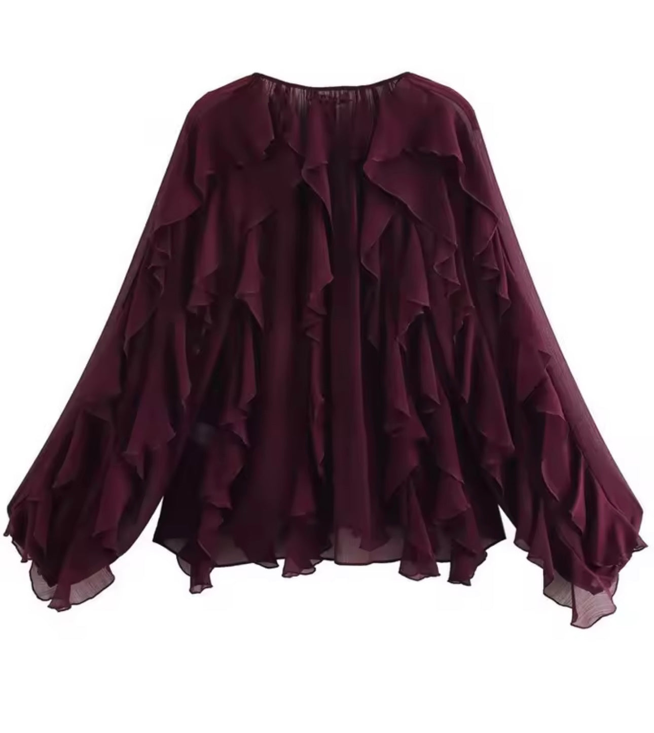 BLUSA COLOR VINO SEMITRANSPARENTE CON OLANES ESCALONADOS Y CUELLO V
