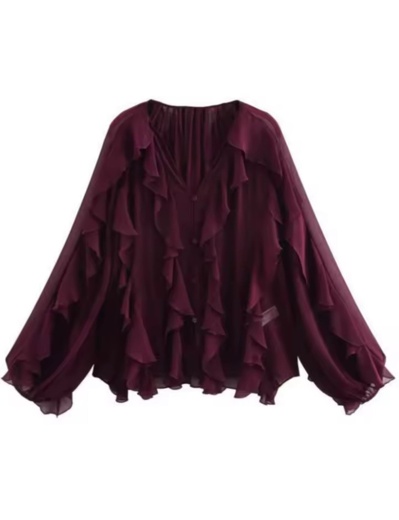 BLUSA COLOR VINO SEMITRANSPARENTE CON OLANES ESCALONADOS Y CUELLO V
